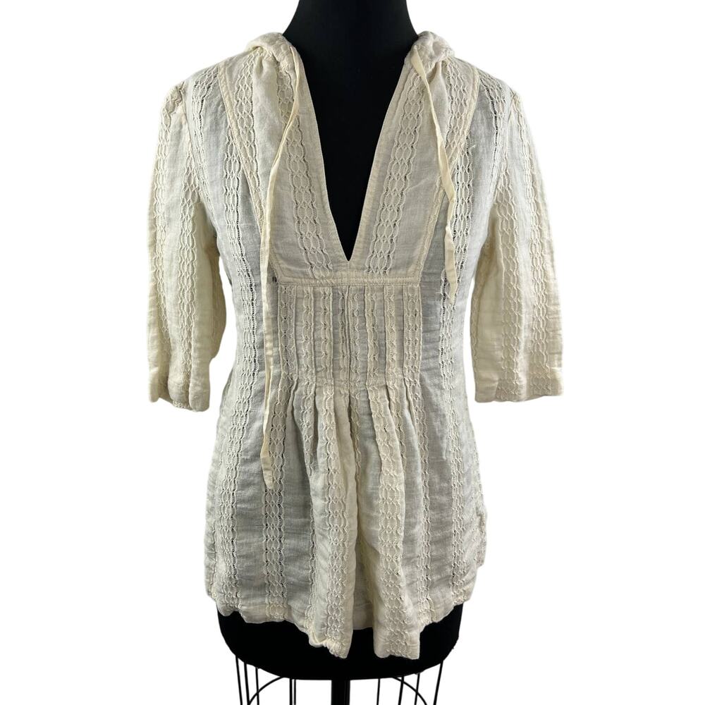 VTG JUICY COUTURE Cream Ivory Cotton Linen Knit Half Sleeve Hoodie Sweater Top S